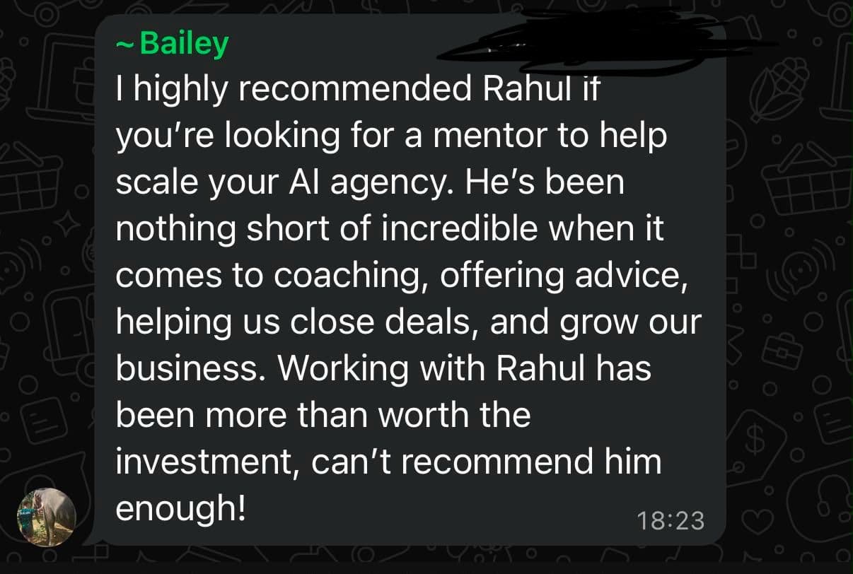 WhatsApp message from Bailey recommending Rahul as a mentor to scale an AI agency